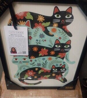 Sapna Shah Floral Stack Cats Art Print - Teal & Black